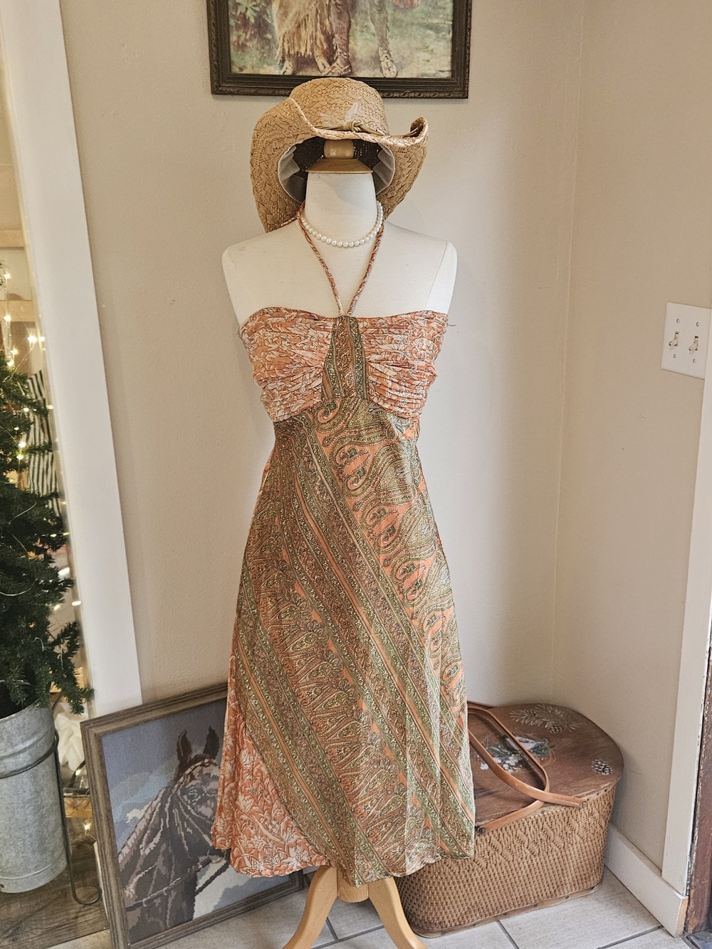 Strapless Paisley Midi Dress in Coral and Olive - Boho Summer Style